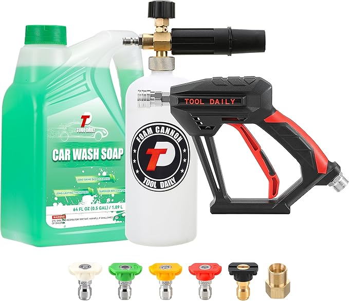 Tool Daily Short Pressure Washer Gun with Foam Cannon, Car Wash Soap 64 Oz | 5 Power Washer Nozzle Tips, 1/4 Inch Quick Connect