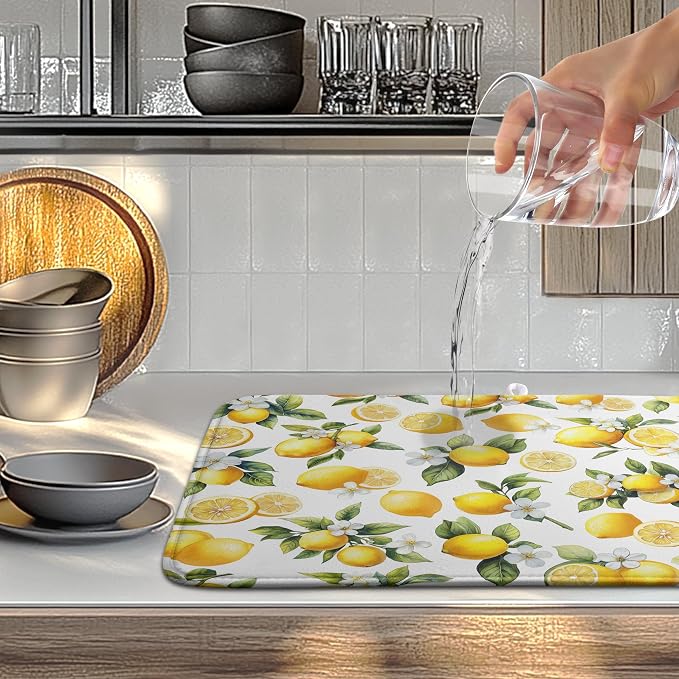 Lemon Dish Drying Mat Spring Summer Kitchen Dish Drying Pad Absorbent Drying Mat for Countertops Dish Dryer Mat Microfiber Dishes Drainer Pad Dish Drying Rack Mat (18x24 in)