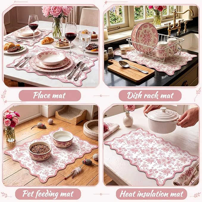 Scalloped Chinoiserie pink floral Dish Drying Mat 12"x20" Absorbent Coffee Mat Cuttable Hide Stain Non-slip Drying for Kitchen Counter Coffee Maker Espresso Machine