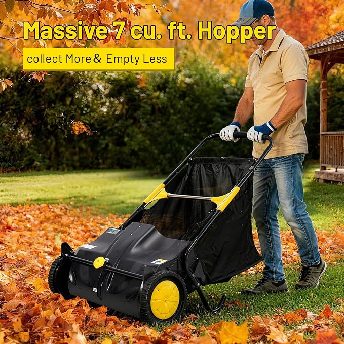 26 Inch Push Lawn Sweeper, Hand Powered Leaf & Grass Sweeper with 7 Cu Ft Hopper, 4 High-Speed Brushes, Height Adjustable, ABS & Steel Frame for Yard Lawn Cleanup (Black, 21 Inch)