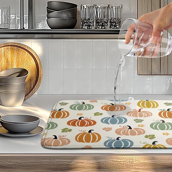 Fall Pumpkin Dish Drying Mats Thanksgiving Dish Mat Autumn Maple Leaves Drying Matt Dishes Dryer Pad for Kitchen Counter Absorbent Microfiber Washable Foldable Reusable 18x24 in