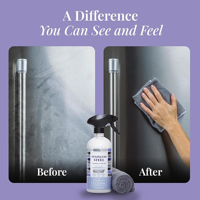 Therapy Stainless Steel Cleaner and Polish, Lavender - Two 16oz Bottles | 100% USDA Biobased. Removes fingerprints & residue. Safe for sinks, grills & appliances. Lavender essential oil scent.