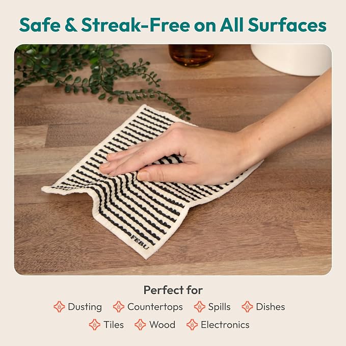 FEBU Swedish Dishcloths for Kitchen | 5 Pack Eastern Reusable Paper Towels Washable | Swedish Dish Towels | Non-Scratch Cellulose Sponge Cloths | No Odor, Biodegradable Cleaning Cloths