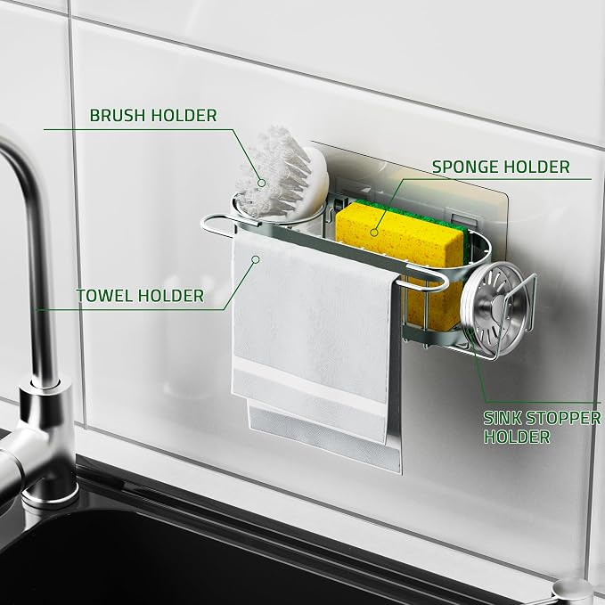 Cisily Kitchen Sink Caddy Sponge Holder in The Sink, Stainless Steel Kitchen Sink Organizer, Brush Holder, Dish Cloth Hanger, Sink Stopper Holder (Suction cup-Sage Green)