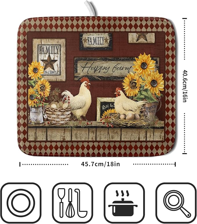 Vintage Rooster Dish Drying Mat 16x18 Inch Farmhouse Chicken Dish Drainer Pad Microfiber Absorbent Fast Dry Kitchen Counter Accessories