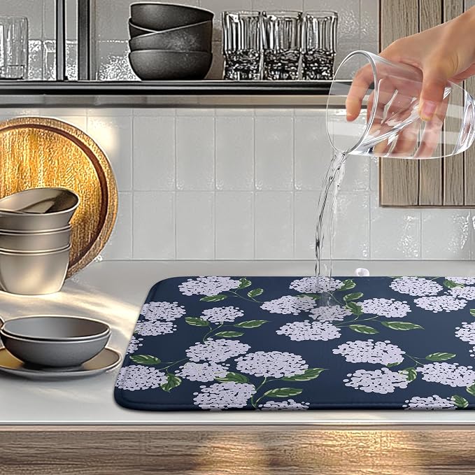Navy Blue Hydrangea Dish Drying Mats Spring Summer Dish Mat Vintage Floral Drying Matt Dishes Dryer Pad for Kitchen Counter Absorbent Microfiber Washable Foldable Reusable 18x24 in