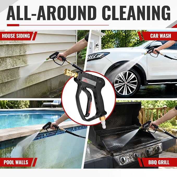 YAMATIC Short Pressure Washer Gun with Swivel, 5000 PSI Power Washer Wand Stubby Trigger Handle with 3/8" Plug & M22-14mm Male Inlet, 1/4" Quick Connect Outlet for Foam Cannon Car Wash