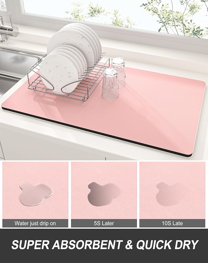 Rnivvi Dish Drying Mat for Kitchen Counter, 12 x 19" Super Absorbent Drainer Pad Easy Clean Dish Rack Pad, Non-Slip Heat Resistant Coffee Bar Mats for Coffee Machine Station Accessories Decor, Pink