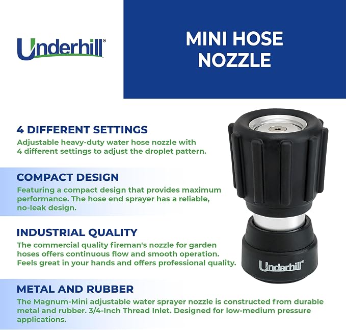 Underhill Magnum Mini Garden Hose Nozzle NG350 – Heavy Duty Adjustable Water Sprayer, 3/4 Inch Thread Inlet, Aluminum Body with Rubber Bumper, Jet Spray, High Pressure Hose Attachment
