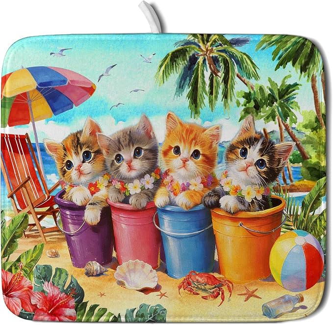 Lovely Cat Dish Drying Mat for Kitchen Counter Holiday Beach Absorbent Coffee Bar Mat 16 X 18 In