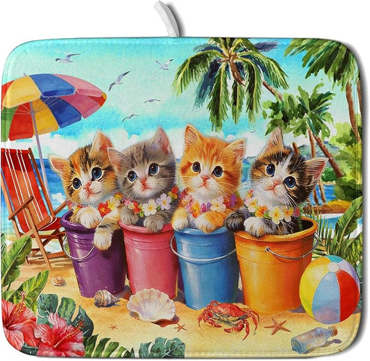 Lovely Cat Dish Drying Mat for Kitchen Counter Holiday Beach Absorbent Coffee Bar Mat 16 X 18 In