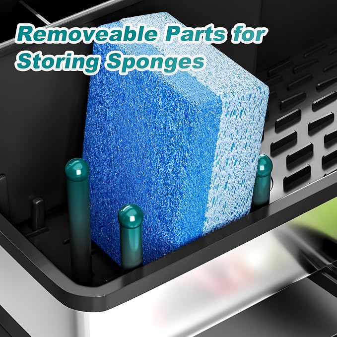 Ewaiira Stainless Steel Sink Caddy, Sponge Holder for Kitchen Sink with Brush Holder and Towel Rack, Sink Organizer for Countertop, Soap Kitchen Organizers Storage Essentials (A-Black)