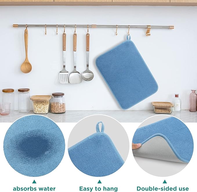GeeRic Microfiber Dish Drying Mat, Super Absorbent Kitchen Dish Drying Pad, Reversible Gift Mats for Countertop, 17.8 * 23.6 inch Blue