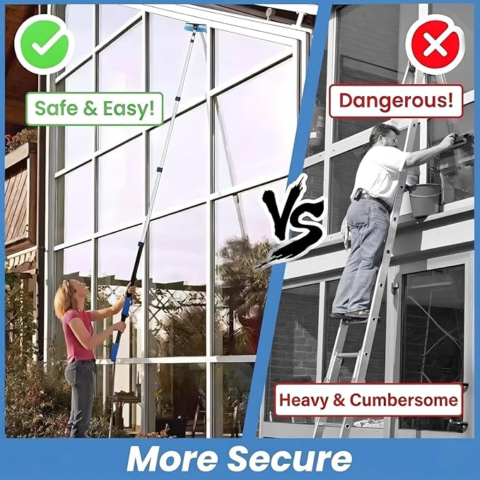 25ft High Ceiling Duster Kits with 5-18ft Heavy Duty Extension Pole - Fan Blade Cleaner, Cobweb Remover & Blue Window Squeegee Kit, Washable Dust Brush for High Roof and Glass Surfaces