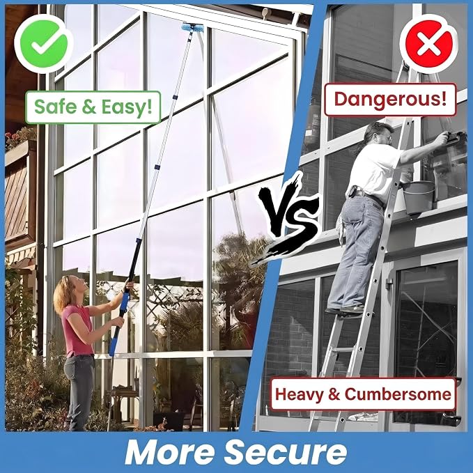 20ft High Ceiling Duster Kits with 5-12ft Heavy Duty Extension Pole - Fan Blade Cleaner, Cobweb Remover & Blue Window Squeegee Kit, Washable Dust Brush for High Roof and Glass Surfaces