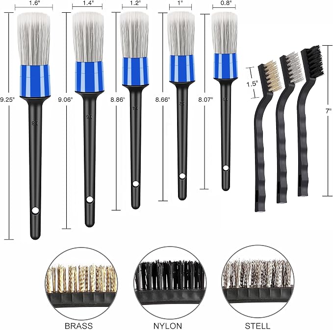 HMPLL 10pcs Car Detailing Kit, Premium Detailing Brush Set | Includes 5 Soft Car Detailing Brushes, 3 Wire Brush, 2 Air Vent Brush for Cleaning Car Interior and Exterior Detailing, Blue