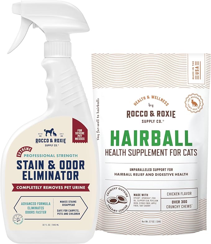 Rocco & Roxie Cat Hairball Supplements & Extreme Stain & Odor Eliminator Bundle