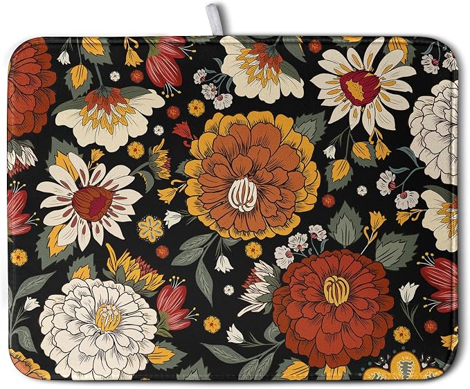 Vintage Floral Dish Drying Mat for Kitchen Counter Retro Sunflower Floral Absorbent Microfiber Dry Dish Mat Reversible Washable Dish Drainer Rack Mat Large 18x24 Inch