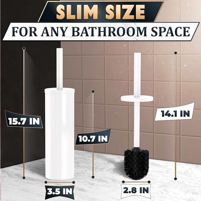 Stainless Steel Toilet Brush and Holder Set, Splash Guard (White) | White Toilet Bowl Brush and Holder Set, Removable Bowl, Dense Bristles, Long Handle, Scratch Resistant, for Modern Bathrooms