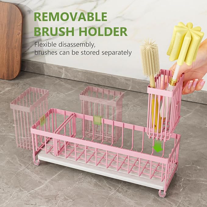 Cisily Extra Large Sink Caddy Organizer with Drying Stone, Pink Sponge Holder for Kitchen, Dish Brush Holder for Countertop, Kitchen Decor Storage and Essentials