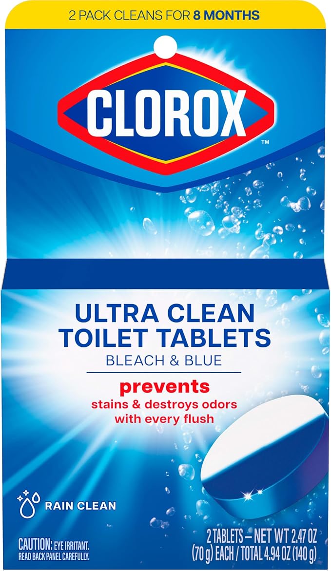 Clorox Ultra Clean Toilet Tablets Bleach & Blue, Rain Clean Scent 2.47 Ounces Each, 2 Count (Package May Vary)
