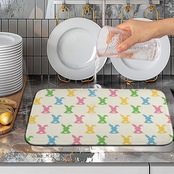 Easter Bunny Dish Drying Mat Colorful Cute Rabbits Kitchen Drying Mat Spring Microfiber Dish Dryer Pad Absorbent Reversible Dish Drainer Rack Mat Washable Dish Mat for Kitchen Countertop 16x18 Inch