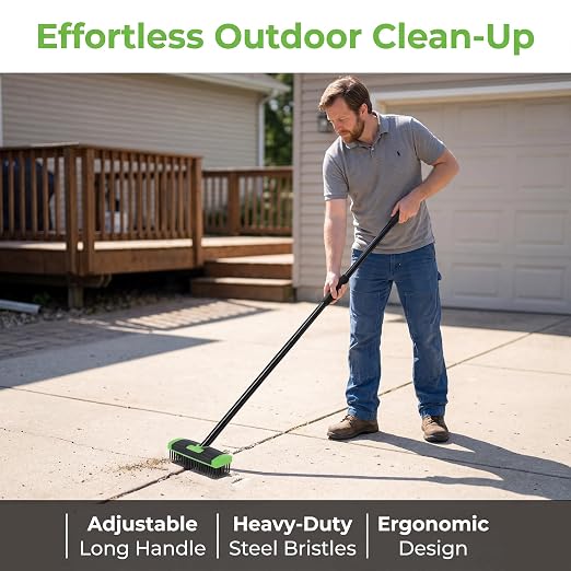 3 in 1 Scrub Brush with Long Handle – Your All-Purpose Deck Brush, Weeding Tool & Concrete Scrubber Tackle Patio Weeds, Floor Stains, Moss, and Rust with one Versatile Set. (Green)