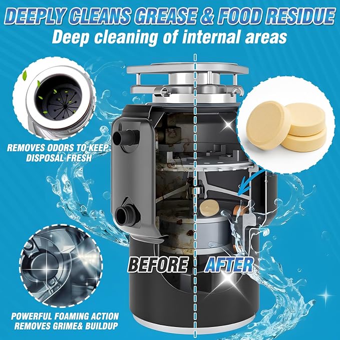 Yeardera Garbage Disposal Cleaner and Deodorizer Tablets - 50 Count (1-Year Supply), Powerful Foaming Sink Cleaner, Quickly Eliminates Odors, Natural Drain Odor Eliminator for Kitchen Disposal Care
