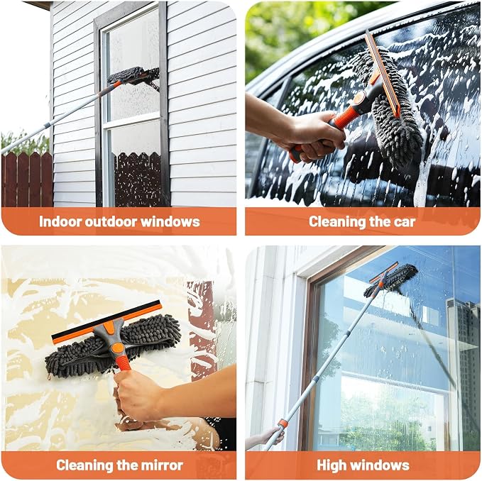 Eazer 65'' Squeegee Window Cleaner 2 in 1 Rotatable Window Cleaning Tool Kit with Telescopic Pole, Window Washing Equipment with Bendable Head for Indoor/Outdoor Window and Car Glass - EAW01 Pro