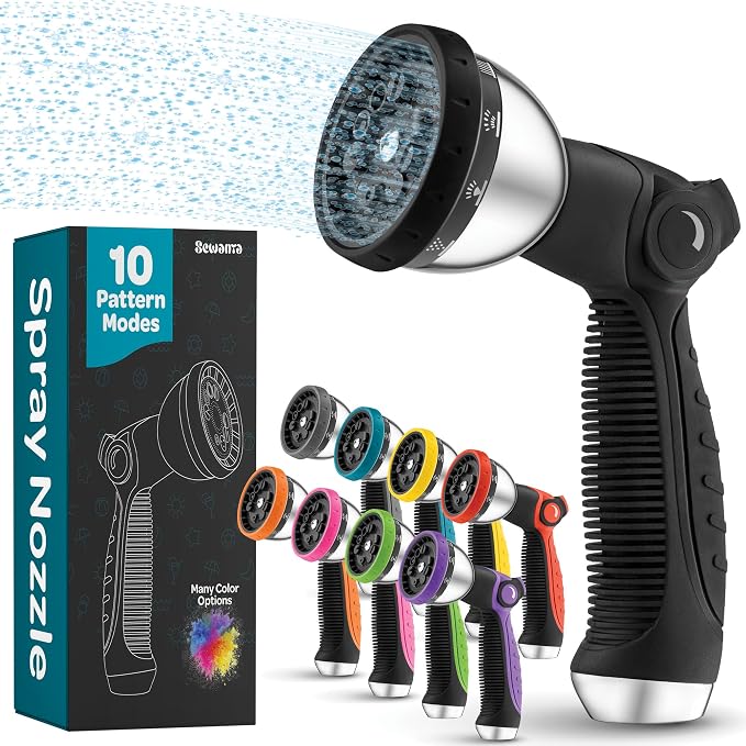 Hose Nozzle [Black] Heavy Duty Hose Sprayer With 10 Adjustable Watering Patterns. Thumb Control Design, Comfortable Ergonomic Grip, Garden Hose Nozzle for Watering Plants & Lawns/Fun showers/Cleaning