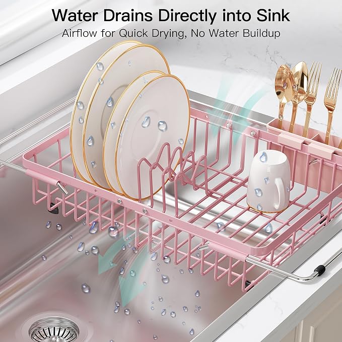 JASIWAY Expandable Stainless Steel Pink Dish Drying Rack Over The Sink for Small Kitchen, Counter Space Saving Compact Plate Drainer Strainer, Adjustable Hanging Metal Dish Dryer with Utensil Holder