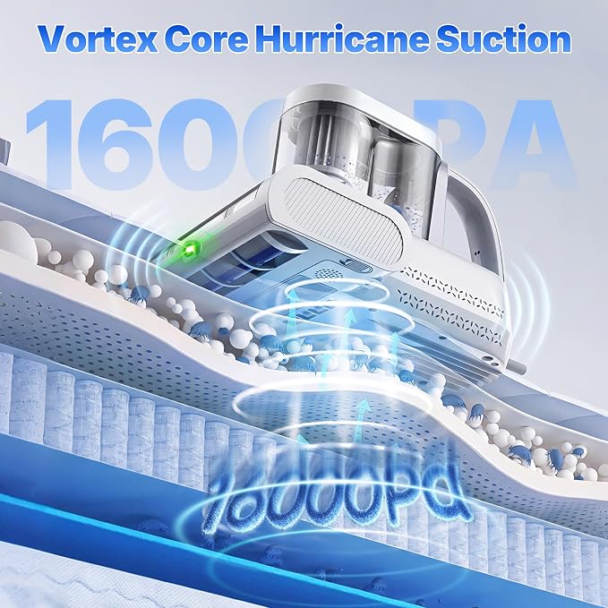 Misshappy Mattress Vacuum Cleaner - 16KPa Strong Suction Handheld Bed Cleaner with 253.7nm UV-C Sanitizing Light, Ultrasonic Module, Green Dust Visible Light, Dual Dust Cup Filtration 500W