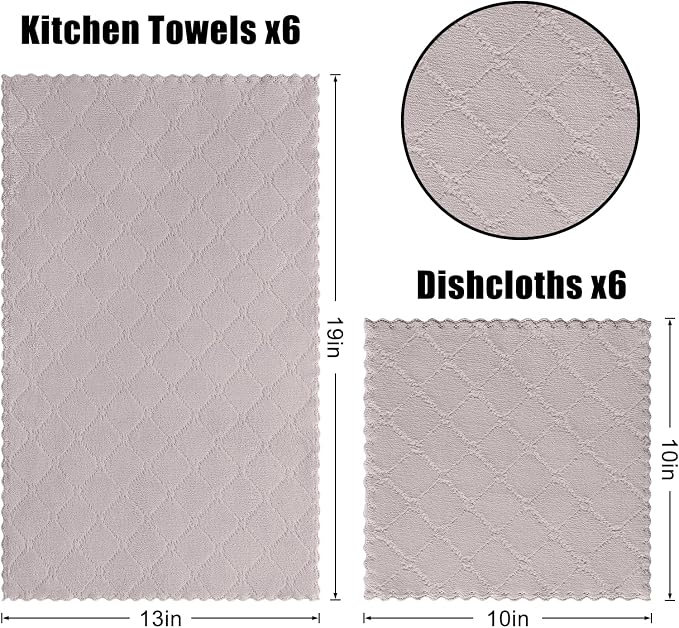 Homaxy Kitchen Towels and Dishcloths Set, 10 x 10 and 13 x 19 Inches, Set of 12 Super Soft and Absorbent Coral Velvet Kitchen Towels, No Lint and Nonstick Oil Fast Drying Dish Towel, Grey