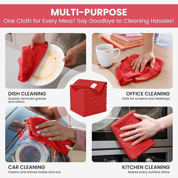 SIFANGKE Microfiber Cleaning Cloth, 12 Pack Red Cleaning Rags for Housekeeping, Reusable Microfiber Towels for Car, Kitchen, Bathroom and Household Cleaning Supplies, 11.8"X11.8"
