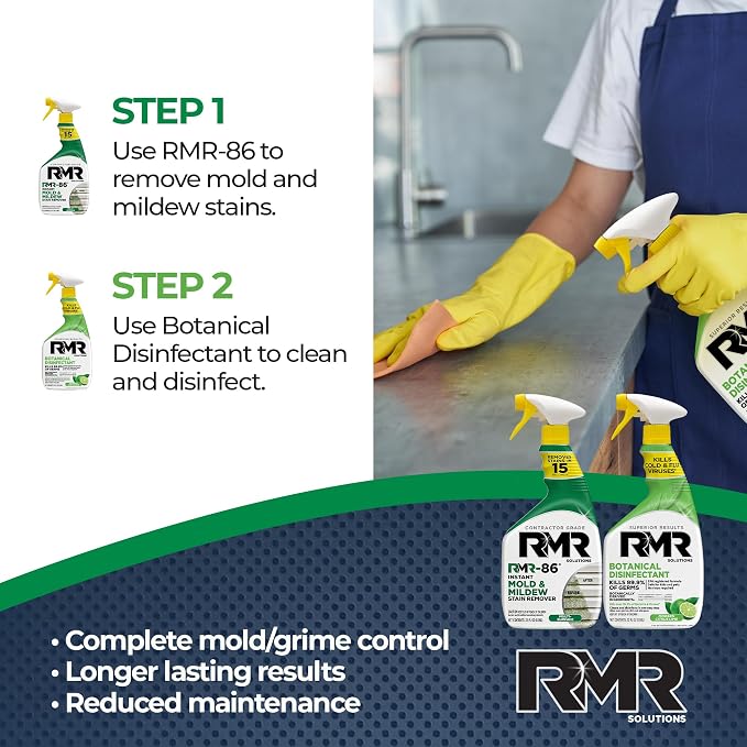 RMR Stain & Sanitation System –Instant Mold & Mildew Stain Remover + Botanical Disinfectant Cleaner, Indoor/Outdoor Cleaning Kit for Kitchens, Bathrooms, Furniture, Siding, & Deck, 2–32 Oz Bottles