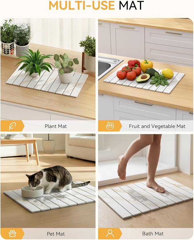 Yofidra Large Stone Dish Drying Mat for Kitchen Counter, Quick Dry Stone Mats with Absorbent Diatomaceous Earth, Foldable Roll Up Drying Organizer Pad for Utensils Plate, 24"×16", White Gold Marble