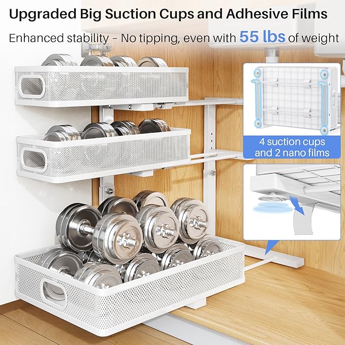 Under Sink Organizer, 3-Tier Thickened Metal Pull out Cabinet Organizer Shelf, Height Adjustable Slide out Storage Drawer Rack for Kitchen Bathroom Pantry Laundry Home Organization, 1-Pack, White | 35% Extra Storage Capacity, Carbon Steel, Hold Up 55lb...