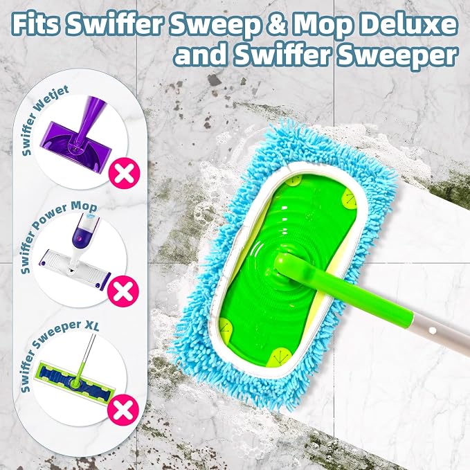 Reusable Mop Pads Compatible with Swiffer Sweeper Mop, Washable Wet Pads Refill & Chenille Dry Sweeping Cloths, Microfiber Mop Pads for Use on All Sealed Floors - Wood, Laminate, Stone & Tile (6 Blue)