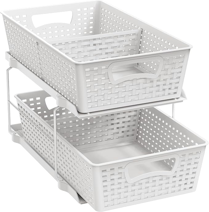 Simple Houseware 2 Tier Pull-Out Sliding Drawer Under Sink Storage, White | Great for Kitchen Bathroom Tray Shelf Organizer