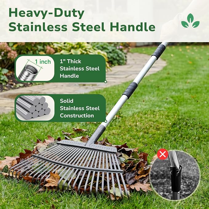 GreatBuddy Leaf Rake and Leaf Bags Combo, Adjustable Metal Garden Rake 29''-72'' 25 Tines, 2 Pack 53 Gallon Reusable Yard Waste Bags, Heavy Duty Lawn Rake with Dustpan Leaf Collector for Yard Cleanup
