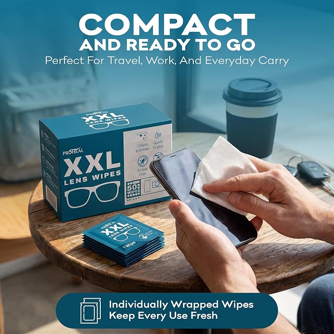 XXL Lens Wipes, 50 Count - 9.8"x6.7" Eye Glasses Cleaner Wipes for Lenses, Watches, Display Screens, and More - Cleans and Shines - Quick Drying, No Smear with Isopropyl Alcohol