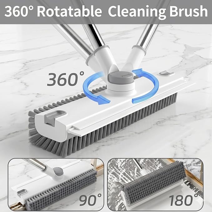 3 in 1 Floor Scrub Brush,Floor Scrubber with Squeegee and Tweezer, Push Broom with Long Handle,Heavy-Duty Stiff 90° Bristle Broom for Patio,Shower, Garage,Deck,Tile, Concrete & Wood Surface (White)