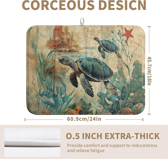 Sea Turtle Dish Drying Mat for Kitchen Counter Vintage Ocean Animal Microfiber Absorbent Dish Drainer Rack Mat Nautical Drying Mats Large Dish Draining Mat 18x24 Inch, 240220