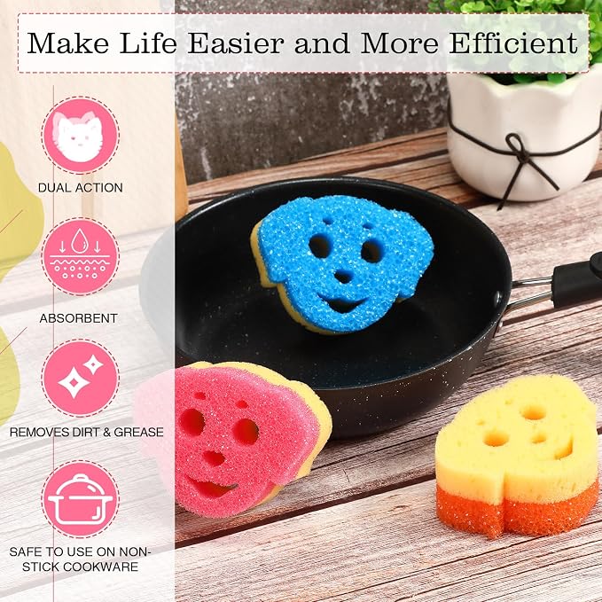 FillTouch 3 Pcs Dual Sided Scrub Sponge Multi Functional Cute Temperature Sensitive Non Scratch Dish Sponge for Washing Dishes Kitchen Bathroom(Dog,Pink, Orange, Blue)