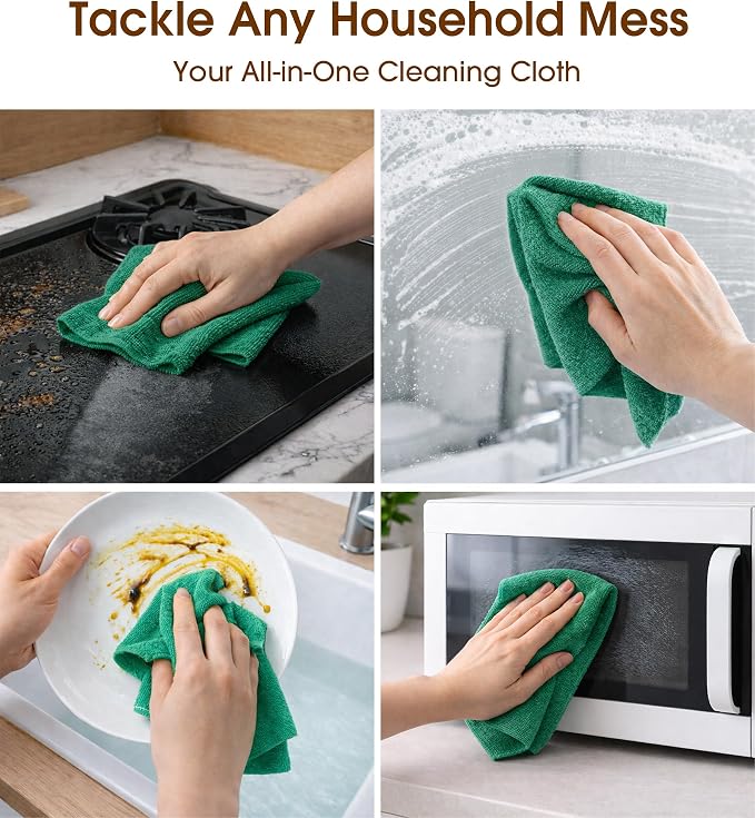 KitchLife Microfiber Cleaning Cloth Roll, 100 Pack - Tear-Away Microfiber Paper Towels, Lint-Free, Reusable, Washable for Kitchen, Car, Dishes, and Sensitive Surfaces (Forest Green)