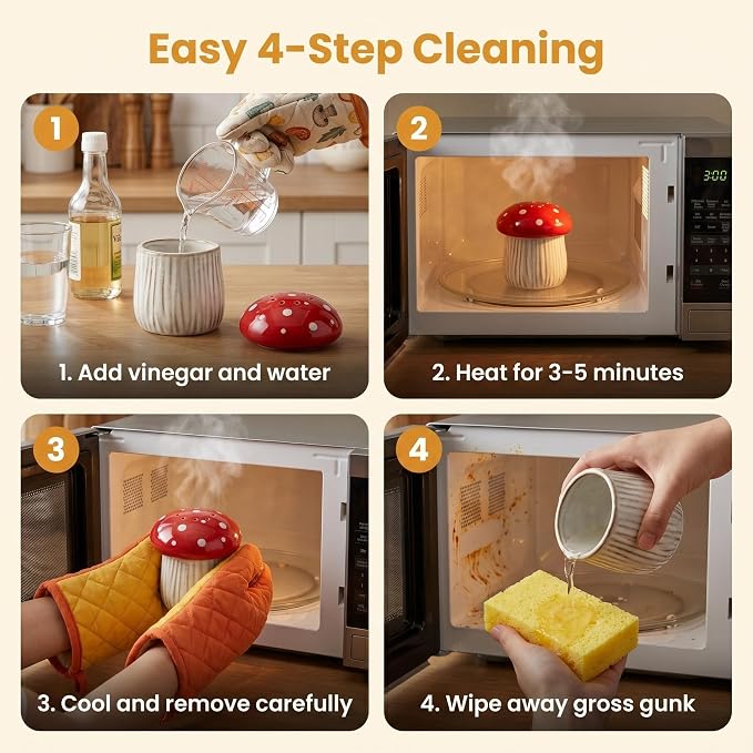 Ceramic Mushroom Microwave Steam Cleaner with Vented Lid for Easy Cleaning | Ceramic microwave steam cleaner with a vented lid uses heated vinegar steam to help loosen food residue for easier cleaning.