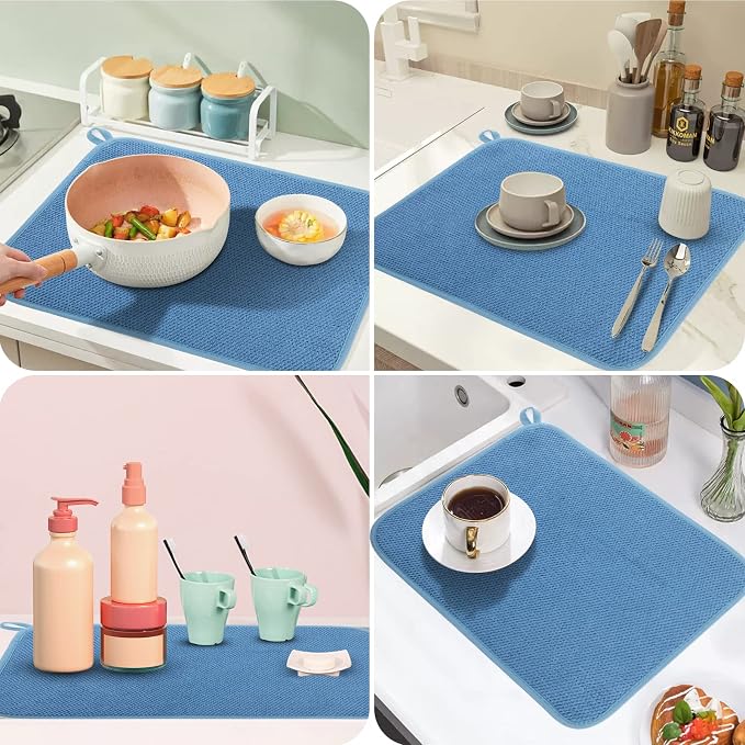 GeeRic Microfiber Dish Drying Mat, Super Absorbent Kitchen Dish Drying Pad, Reversible Gift Mats for Countertop, 17.8 * 23.6 inch Blue