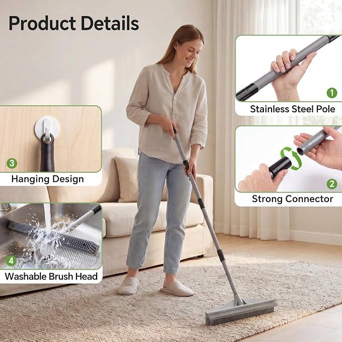 Walensee Carpet Brush for Pet Hair Removal, 2 in 1 Carpet Rake & Rubber Broom with Nylon Cleaning Brush, Adjustable Long Handle Rug Rake for Shag Carpet, Rugs, Stairs, Mats and Floors