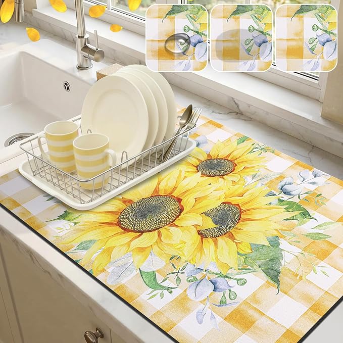 LOKHOM Dish Drying Mat for Kitchen Counter, 18"x24" Absorbent Coffee Bar Mat with Sunflowers, Vintage Floral Dish Drainer Rack Mat for Decoration