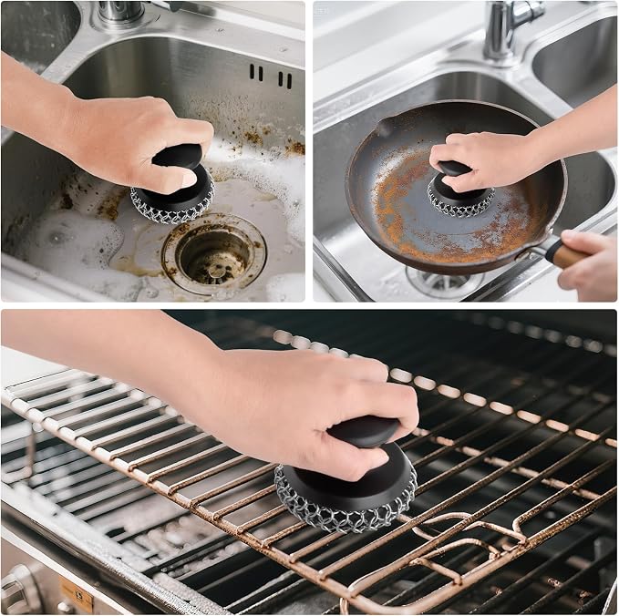 2PCS Cast Iron Scrubber Cleaner, Chainmail Scrubber for Cast Iron Pan Skillet, Dish Scouring Pad, 316 Stainless Steel Brush/Scraper for Metal Skillet Scrubbing, Wok, Dutch Oven Cleaning Kit - Thick